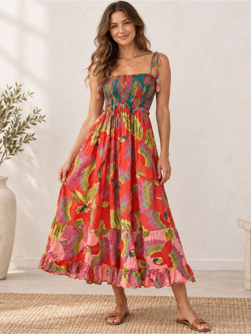 Farm Rio for Anthropologie Parrot Print Smocked Maxi Dress Size Small